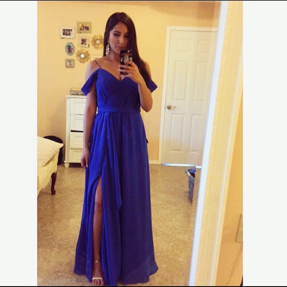 Royal blue maxi dress w/ off the shoulder sleeves